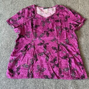 Runway by Cherokee Purple Butterfly Print Scrub Top V-Neck Short Sleeve XL